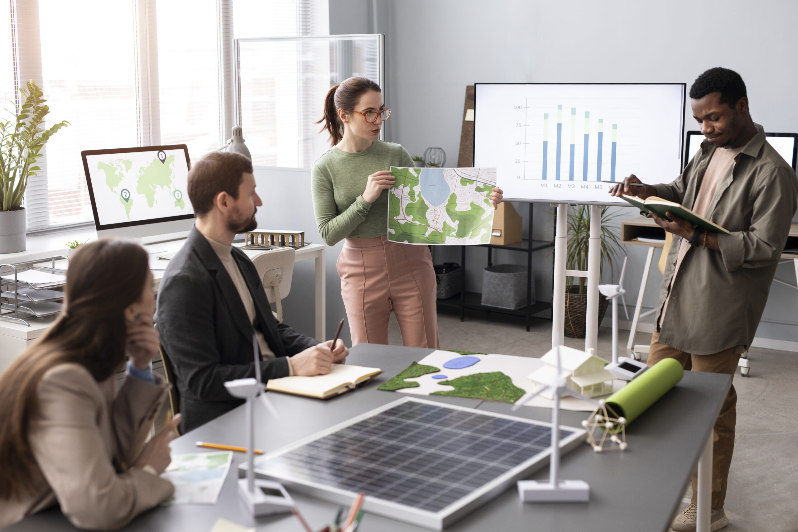 Equipe discutindo estratégia de sustentabilidade na empresa.